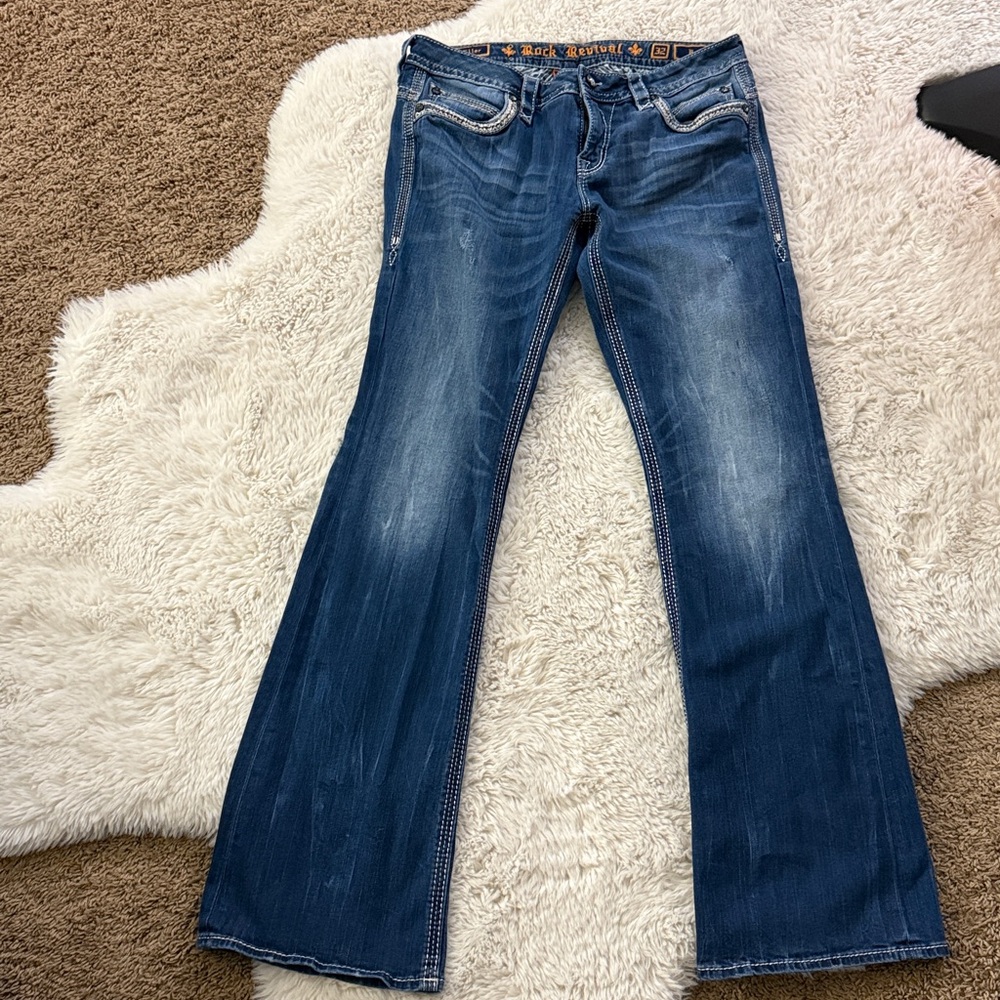 Rock Revival Denim Jeans with Gold Accents.